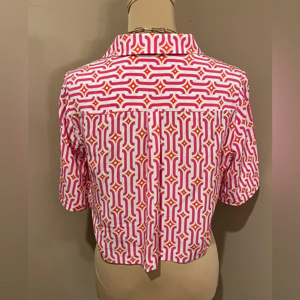 Boden Pink, White & Orange Geometric Patterned Cropped Button Down Shirt, 10 - Picture 2 of 9